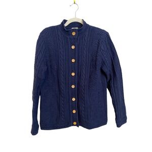 LL Bean Vintage Large Navy Blue Cable Knit Cotton Button Front Cardigan Sweater